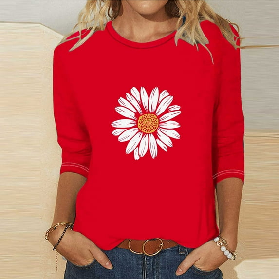 OKBOP Ladies Tops 3/4 Sleeve Red Floral Crew Neck T-Shirts Shirts for Women