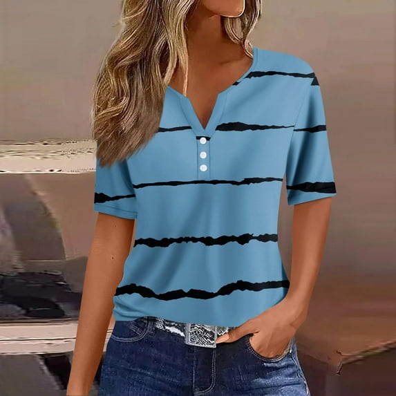 OKBOP Ladies Tops Clearance Under $5 Blue Short Sleeve Striped Button V-Neck T-Shirts Womens Shirts Under $5