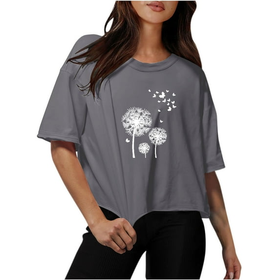 OKBOP Ladies Tops Clearance Under $5 Short Sleeve Gray Drop Shoulder Floral Crew Neck T-Shirts Womens T Shirts