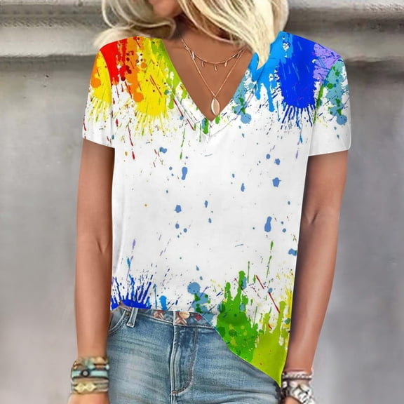 OKBOP Ladies Tops Plus Size Short Sleeve V-Neck Tie Dye T-Shirts Ladies Shirts and Tops