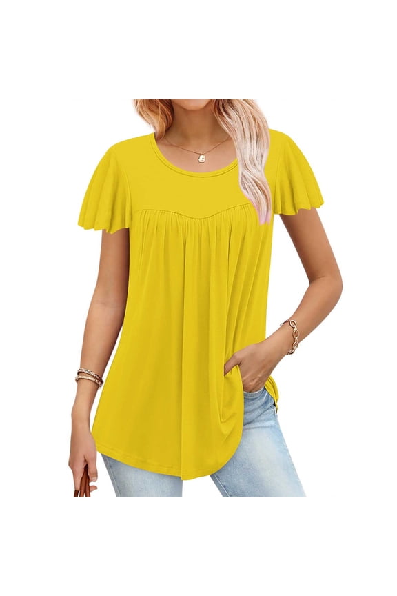 Ladies Tops Plus Size Short Sleeve Yellow Crew Neck Solid Pleated T-Shirts Womens T Shirts