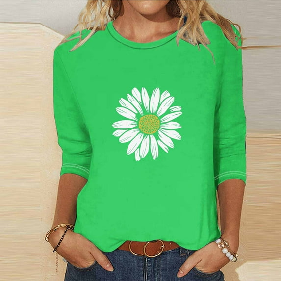 OKBOP Ladies Tops and Blouses 3/4 Sleeve Green Crew Neck Floral T-Shirts Womens Shirts