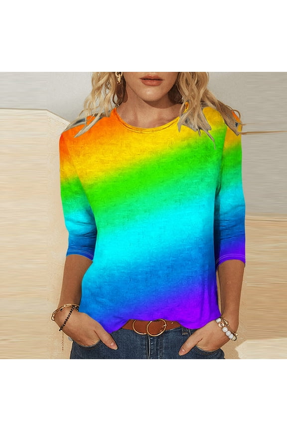 Ladies Tops and Blouses 3/4 Sleeve Rainbow Crew Neck T-Shirts T Shirts for Women
