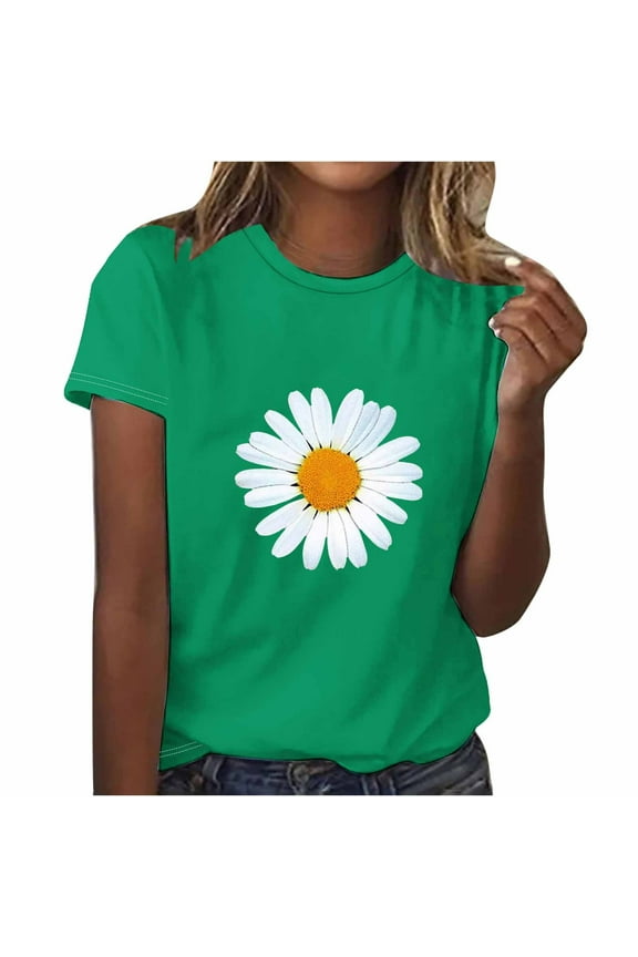 Ladies Tops and Blouses Green Short Sleeve Floral Crew Neck T-Shirts Ladies Shirts and Tops
