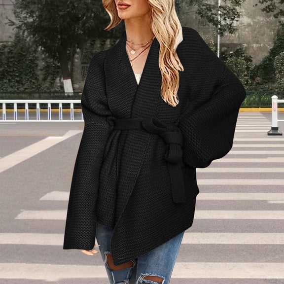OKBOP Lightweight Cardigan Jacket Open Front belted Pull-On Relaxed Fit Sweater nurse jackets for women scrub Hoodless Solid Winter Jacket Clearance Black