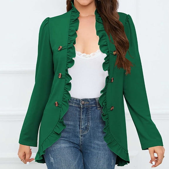 OKBOP Lightweight Open Front Jacket Loose Button trucker jacket Cardigan Solid Ruffles Relaxed Fit Winter Jacket Clearance Green