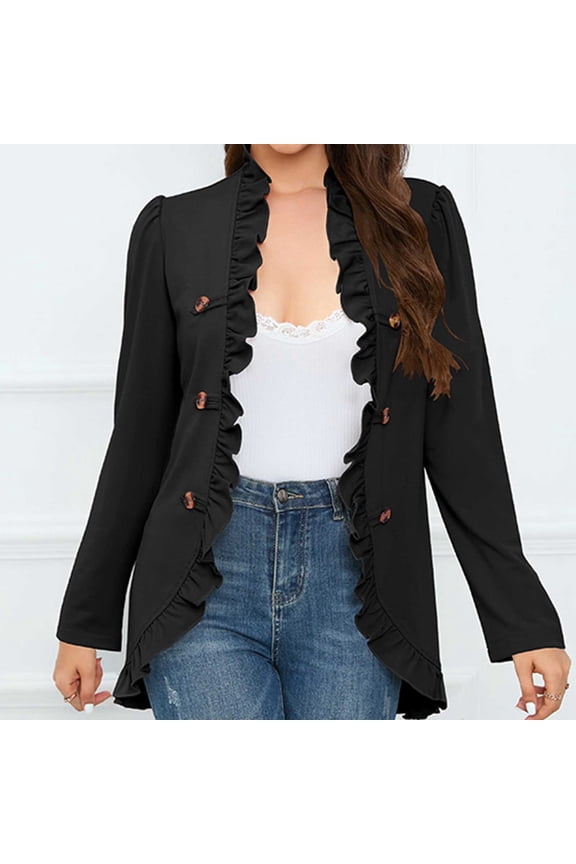Lightweight Open Front Jacket Ruffles Loose womens peacoat jacket Solid Button Relaxed Fit Cardigan Winter Jacket Clearance Black