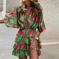 thumbnail image 1 of OKBOP Long Sleeve V-Neck Mid-Calf Dress Women Sexy Half Sleeve Printed V-Neck Hem Ruffle Irregular Dresses sun Slip Dress Dress Clearance Green L(8), 1 of 8