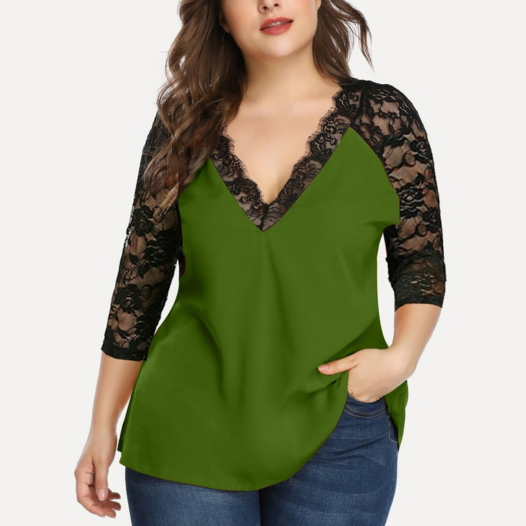 OKBOP Long Sleeve Workout Tops for Women,Plus Size Casual Long Sleeve Solid  Lace V-Neck Splicing T-Shirt Net Yarn Dressy Blouses for Women Blouses 