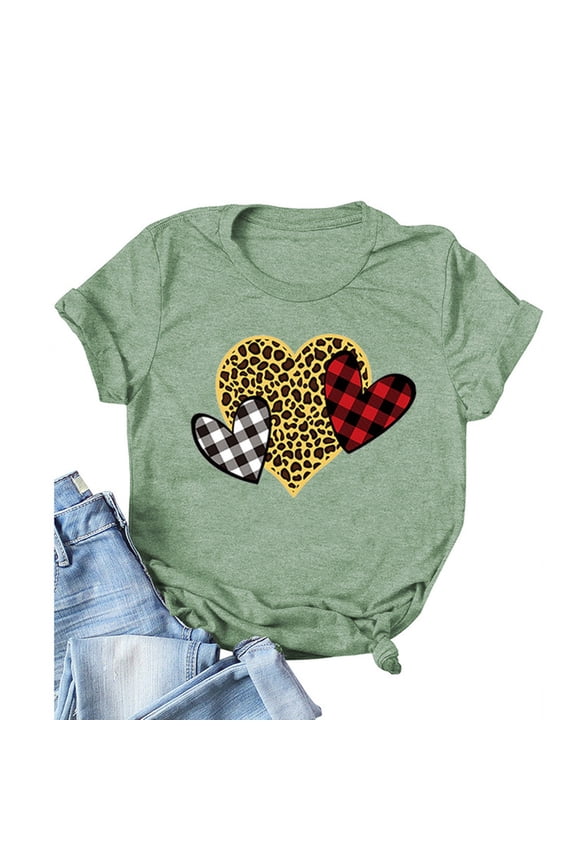 Low Cut Tops for Women,O-Neck Pullover Love Leopard Printing Short Sleeves T-Shirt Work Blouse Tie Dye Shirt Women