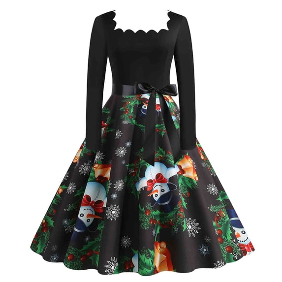 OKBOP Medieval Dress for Women,Fashion Womens Bowknot A Line Flare Vintage Dress Prom Swing Long Sleeve Printing Christmas Xmas Party Dress Formal Dress