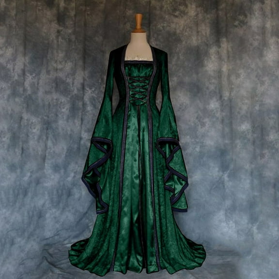 OKBOP Medieval Dress for Women,Women's Retro Style Solid Color Trumpet Sleeve Princess Dress Formal Dress