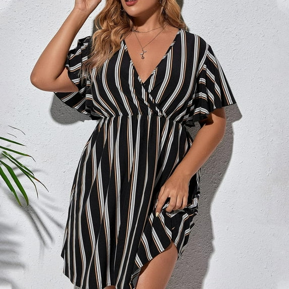 OKBOP Mermaid Dresses for Women Women Plus Size Summer Casual Short Sleeve V Neck Printed Sleeve Dresses Loose Dress Junior Dress Yellow L(8)