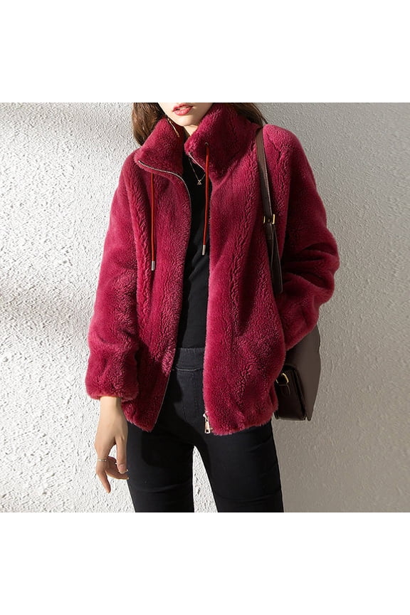 Mid-Weight Fleece Jacket Solid cheetah jacket for women Classic Fit Full Zip Drawstring Hoodless Warm Cardigan Winter Jacket Clearance Wine