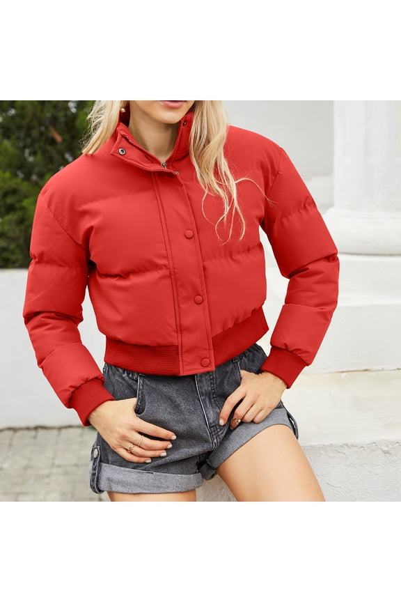 Mid-Weight Full Zip Jacket Slim Solid Puffer Jacket Single-Breasted jackets for women fashion dressy Hoodless Outwear Coat Winter Jacket Clearance Red