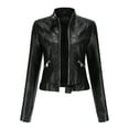 thumbnail image 1 of OKBOP Mid-Weight Motorcycle Jacket Pocket Faux Leather Snap Slim Full Zip Hoodless womens jackets trendy Solid Winter Jacket Clearance Black, 1 of 4