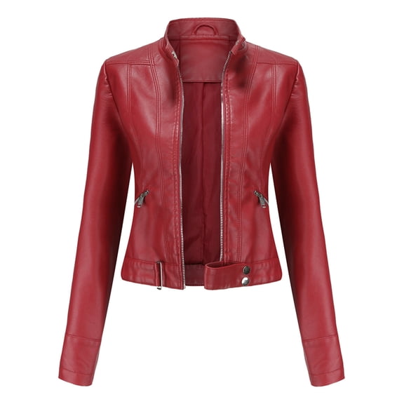 OKBOP Mid-Weight Motorcycle Jacket Slim Full Zip Faux Leather Snap womens bomber jacket Solid Pocket Hoodless Winter Jacket Clearance Red