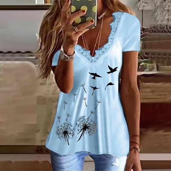 OKBOP Mock Neck Tops for Women,Fashion Summer V-Neck Lace Patchwork Short Sleeve Sexy Women'S Tops,Tees & Blouses Shirt Stays
