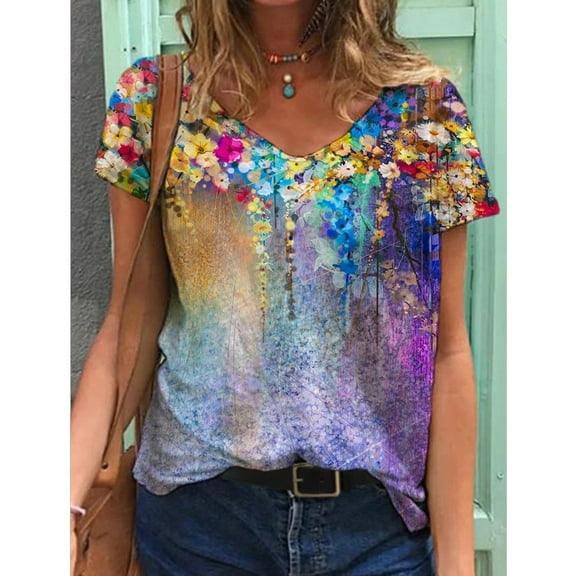 OKBOP Off The Shoulder Tops,All-Half Sleeve Printed T-Shirt Floral Painting Printed Blouse Oversized Shirts For Women