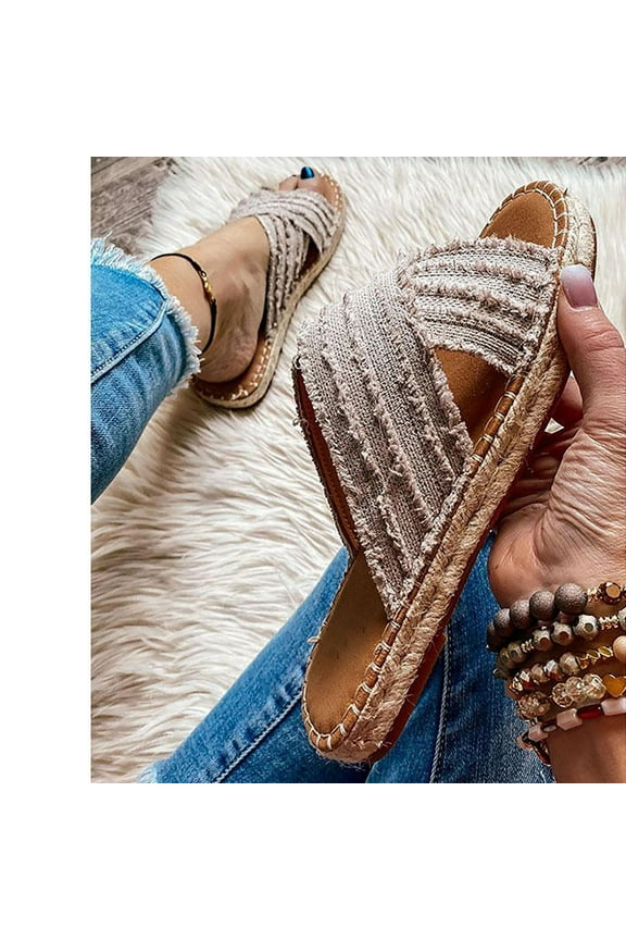 Open Toe Flat Sandals for Women Espadrilles Beach Sandals Comfortable Casual Slide Shoes