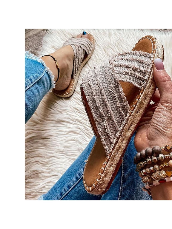 Open Toe Flat Sandals for Women Espadrilles Beach Sandals Comfortable Casual Slide Shoes