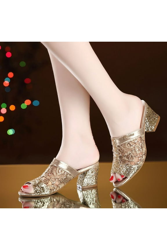 Open Toe Heels for Women Chunky Heeled Sandals Slip-On Metallic Casual Pool Shoes