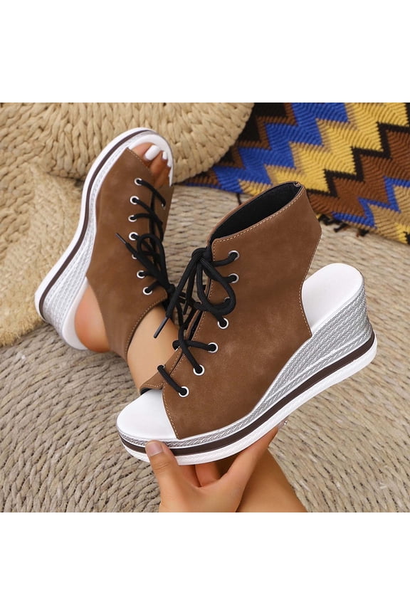 Open Toe Wedge Sandals for Women Footbed Comfort Sandals Lace-Up Casual Travel Shoes