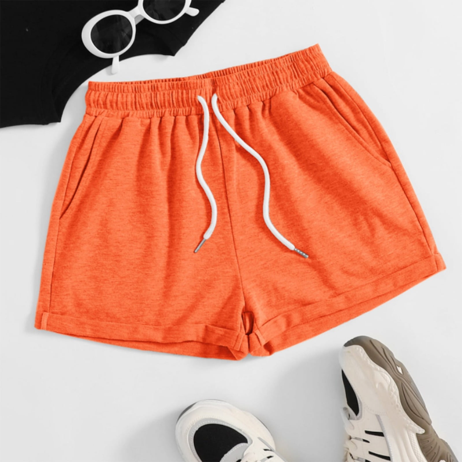 OKBOP Orange Shorts for Women Elastic Waist Activewear WideLeg Active