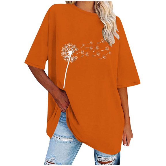 OKBOP Orange Womens Tops Short Sleeve Floral Crew Neck Tunic Womens Shirts