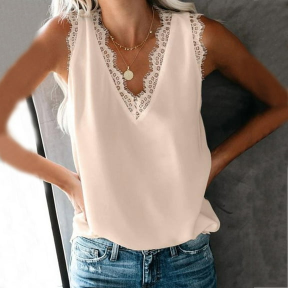 OKBOP Party Tops,Fashion Sexy V-Neck Lace Patch Vest Solid Color Sleeveless Tank Satin Blouse V Neck T Shirts for Women