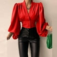 thumbnail image 1 of OKBOP Party Tops For Women,Spring Casual Solid V Neck Lantern Long Sleeve Buttons Pullover Shirt Draw Back Short Womens Blouses For Work Professional Dress Shirt, 1 of 7