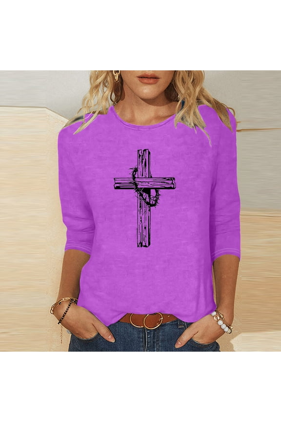 Purple Trendy Tops for Women 2024 3/4 Sleeve Crucifix Graphic Crew Neck T-Shirts Shirts for Women