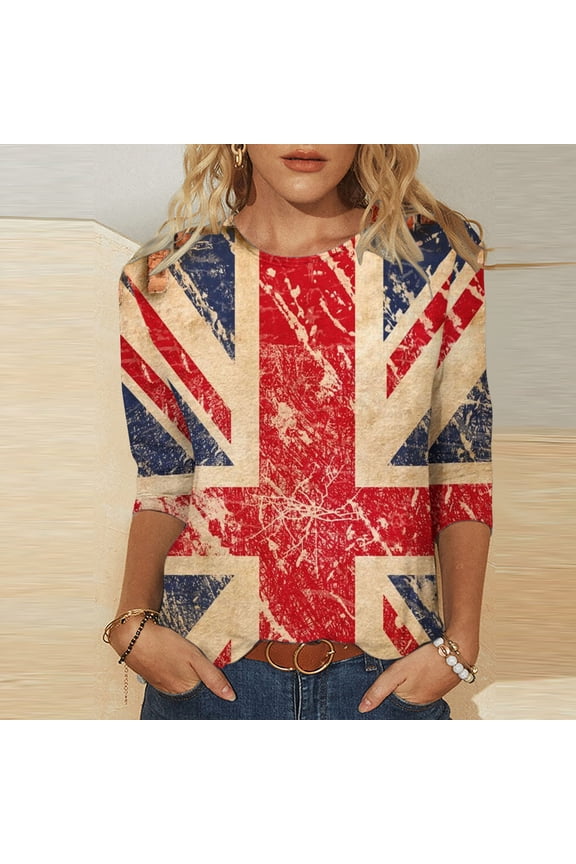 Red Womens Plus Size Tops 3/4 Sleeve Uk Flag Graphic Crew Neck T-Shirts Ladies Shirts and Tops