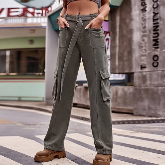 OKBOP Retro Cargo Pants for Girls Wide Leg High Waist 2023 Denim Jeans Slim Fit with Pockets Hip Hop Casual Straight Sweatpants
