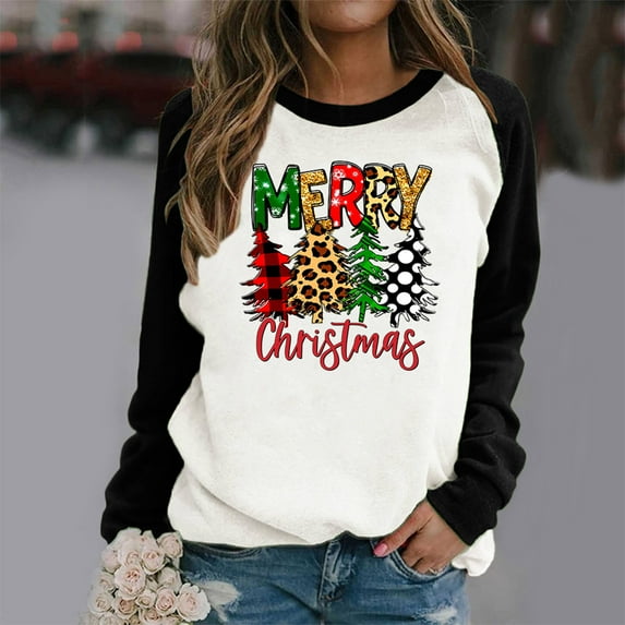 "OKBOP Rhinestone Tops for Women,Round-Neck Color Block Merry Chriasmas Printing Long Sleeve Blouses for Women Dressy Casual Long Sleeve Shirt Girl"