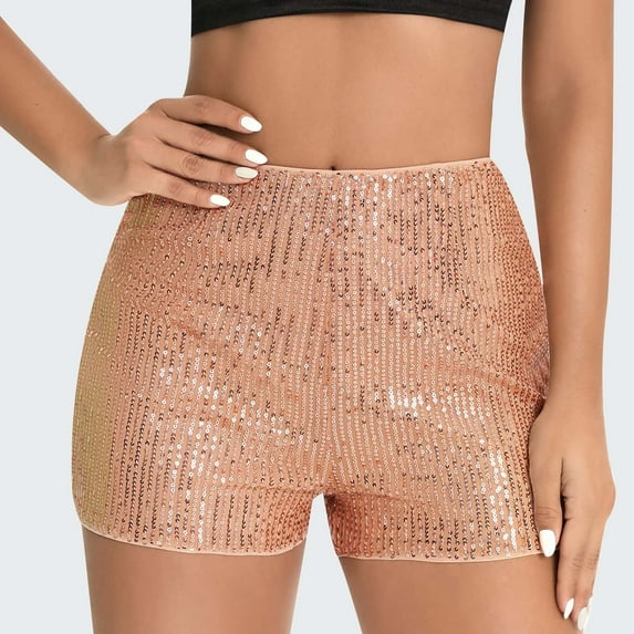OKBOP Running Shorts for Women Beige Sequin Relaxed Fit High Waist Wide-Leg Casual Shorts