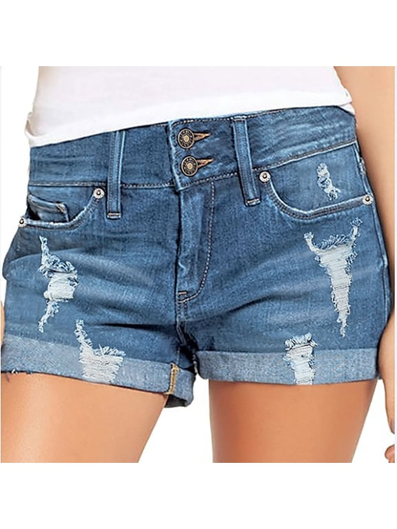 Running Shorts for Women Blue Casual Ripped Wide-Leg Relaxed Fit Jeans Shorts