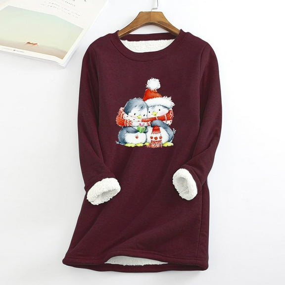 OKBOP Sexy Plus Size Tops,Ladies Fashion Casual Autumn Winter Plus Fleece Warm Christmas Print Purple Blouses for Women Yellow Sweatshirt