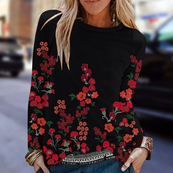 OKBOP Sexy Tops,Fashion Print Long Sleeve Comfortable Breathable Round-Neck Satin Blouses for Women Vintage Sweatshirt