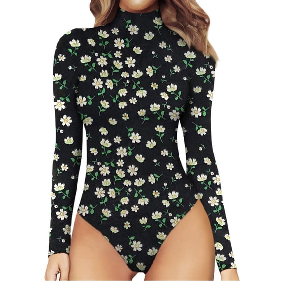 OKBOP Sexy Tops, Mock Printing Fashion Turtle Neck Long Sleeve Bodysuit Jumpsuit Women'S Tops, Tees & Blouses Oversized Button Down Shirts for Women