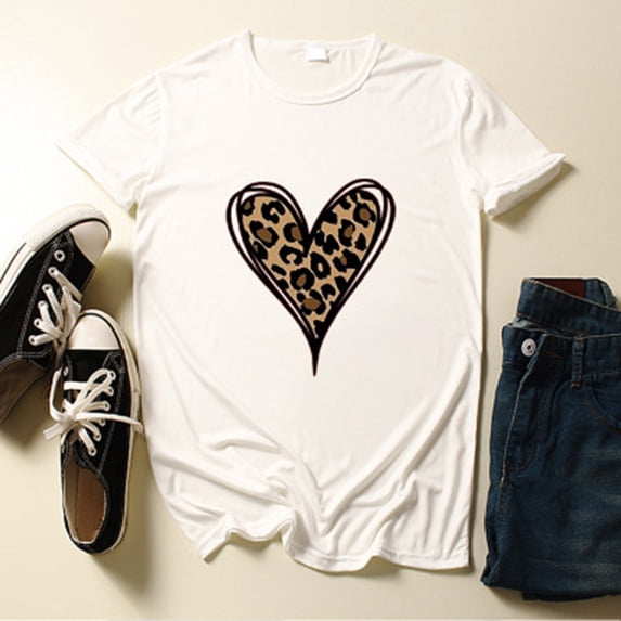 OKBOP Sheer Tops for Women,New Fashion Short Sleeve Casual Love Leopard Printed Loose T-Shirt Fall Blouses Womens White Tshirt