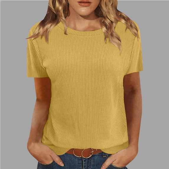 OKBOP Short Sleeve Ladies Tops Plus Size Yellow Solid Crew Neck Ribbed T-Shirts Womens Shirts
