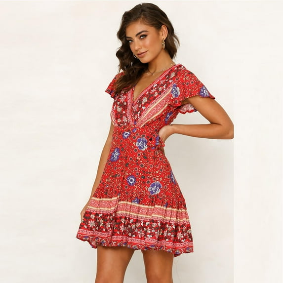 OKBOP Short Sleeve V-Neck Dress Women's Solid Color Jumpsuit Short Skirt Sexy Off Shoulder Waist Sleeveless Dress Polo Dress Clearance Red XL(10)