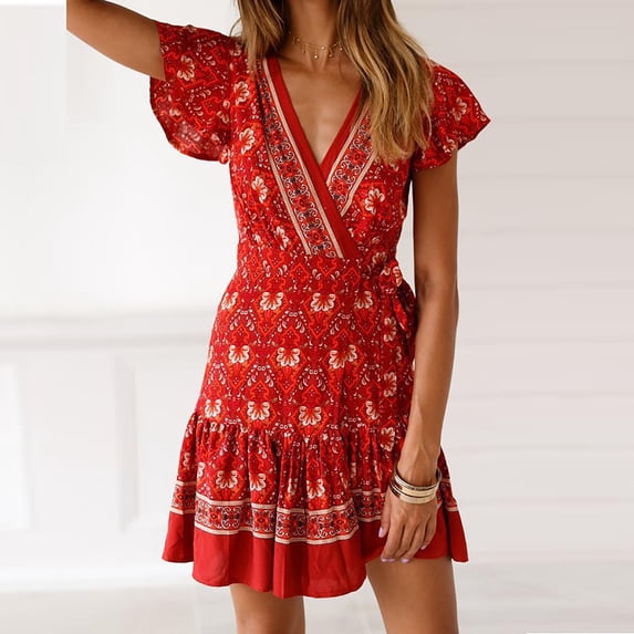 OKBOP Short Sleeve V-Neck Dress Women's Solid Color Jumpsuit Short Skirt Sexy Off Shoulder Waist Sleeveless Dress tea Shift Dress Red L(8)