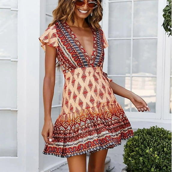 OKBOP Short Sleeve V-Neck Dress Women's Solid Color Jumpsuit Short Skirt Sexy Off Shoulder Waist Sleeveless Dress length Tutu Dress Pink S(4)