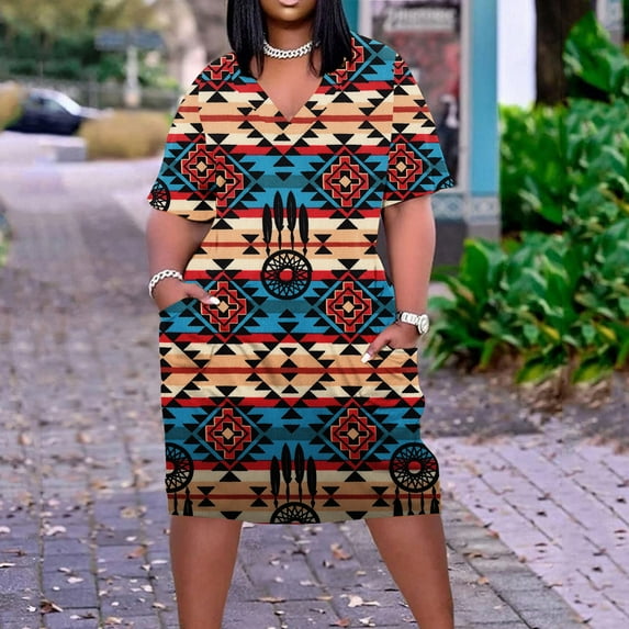 OKBOP Short Sleeve V-Neck Knee-High Dress Plus Size Dress For Women V Neck Summer Casual Sundresses Pocket Knee Short Sleeve With Pockets halter Faux-Wrap Dress Blue XXXXL(22)