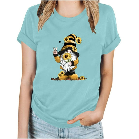 OKBOP Short Sleeve Womens Tops Green Graphic Crew Neck Bee Festival T-Shirts Womens Shirts