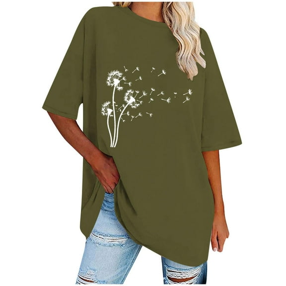 OKBOP Short Sleeve Womens Tops Green Floral Crew Neck Tunic T Shirts for Women