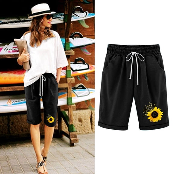 OKBOP Shorts for Women Black Casual Straight-Leg Relaxed Fit Elastic Waist Capris