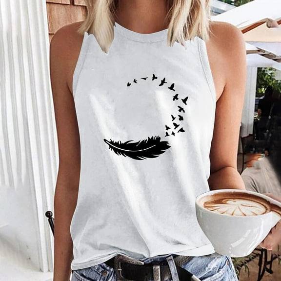 OKBOP Sleeveless Trendy Tops for Women 2024 White Graphic Crew Neck Tank Tops T Shirts for Women